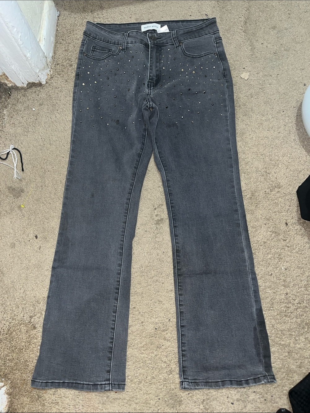 Stud-Embellished Gray Wide-Leg Jeans